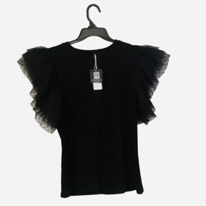 Elegant Black Ruffled Round Neck Cap Sleeve Blouse